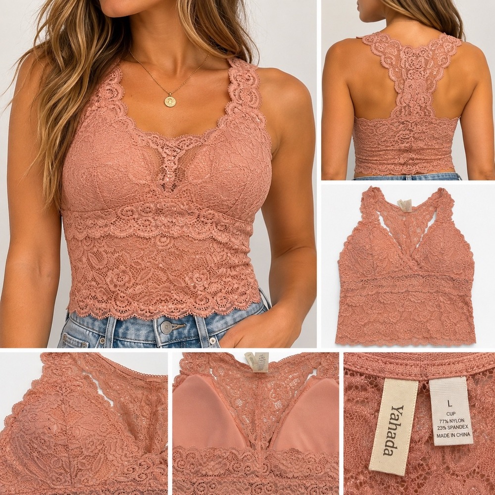 Yahada Rose Pink Floral Lace Racerback Bralette Padded Crop Top L/XL 382L